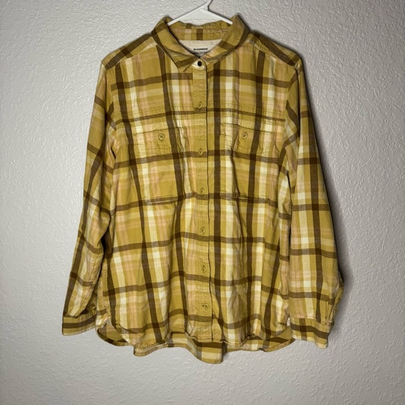Cooperative Tops - REI Coop Yellow Brown Plaid Wallace Lake Flannel Shirt Women Size XL Cotton
